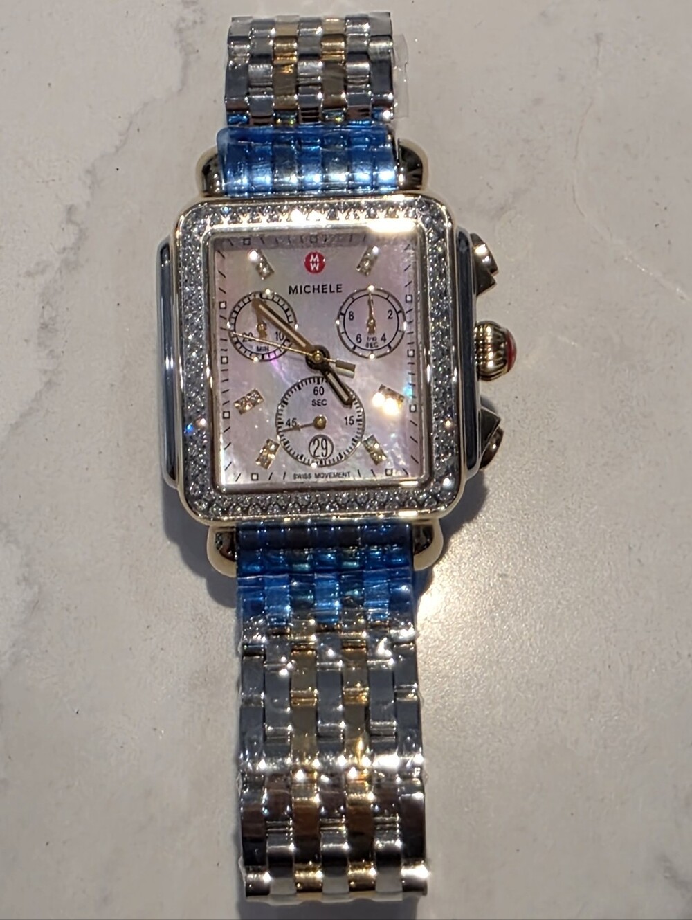 💎 Michele Diamond Deco Two-Tone Silver and Gold Bracelet Watch with Pink MOP 💎